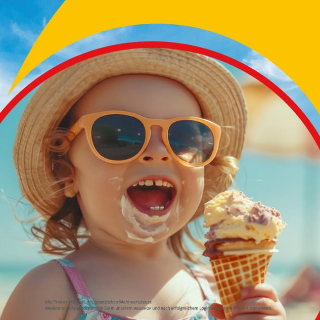 Ein Kind isst ein Eis. Cover vom Katalog Sonnige Freizeit von Steidinger & Schmidt GmbH