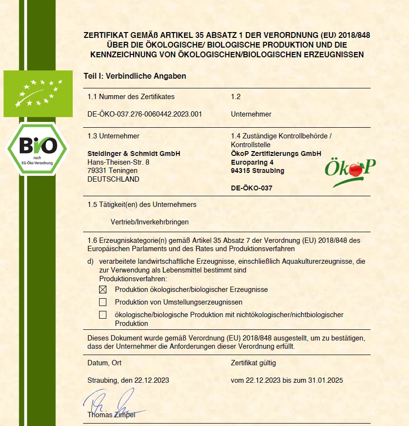 Bio Zertifikat 2024 - Steidinger & Schmidt GmbH Bio Zertifikat 2024 - Steidinger & Schmidt GmbHBio