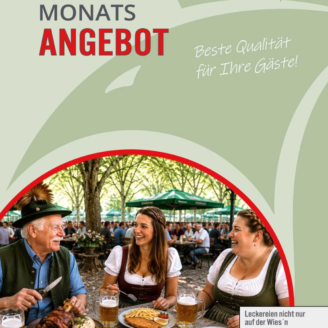 Monatsangebote von Steidinger 2026-09 Ein Poster mit Menschen, die an einem Tisch sitzen, während sie Speisen genießen.