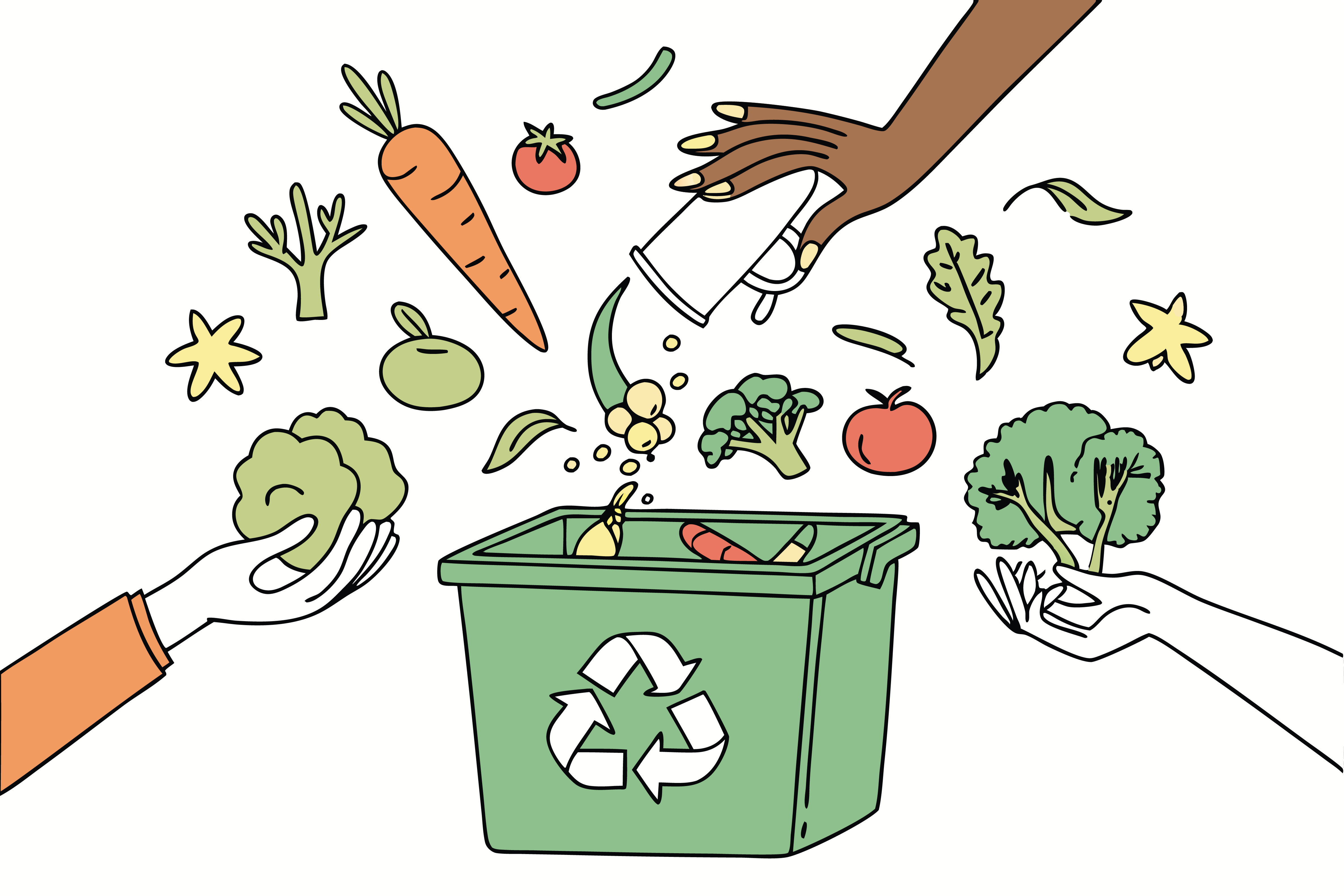Eine Hand legt Lebensmittel in einen Recyclingbehälter.
