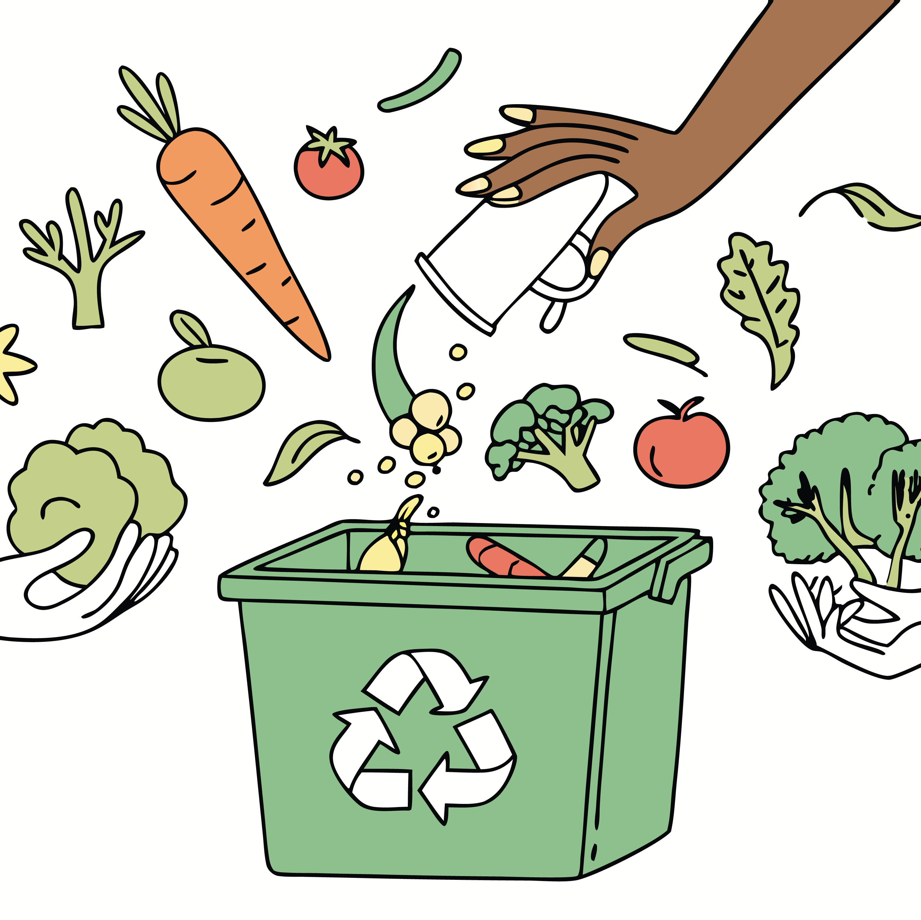 Hand legt Lebensmittel in einen Recyclingbehälter