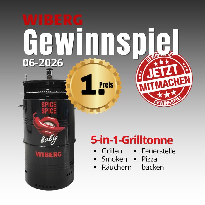 Gewinnspiel WIBERG bei Steidinger Schwarze Grilltonne mit rotem Text und goldenem Abzeichen - Gewinnspiel