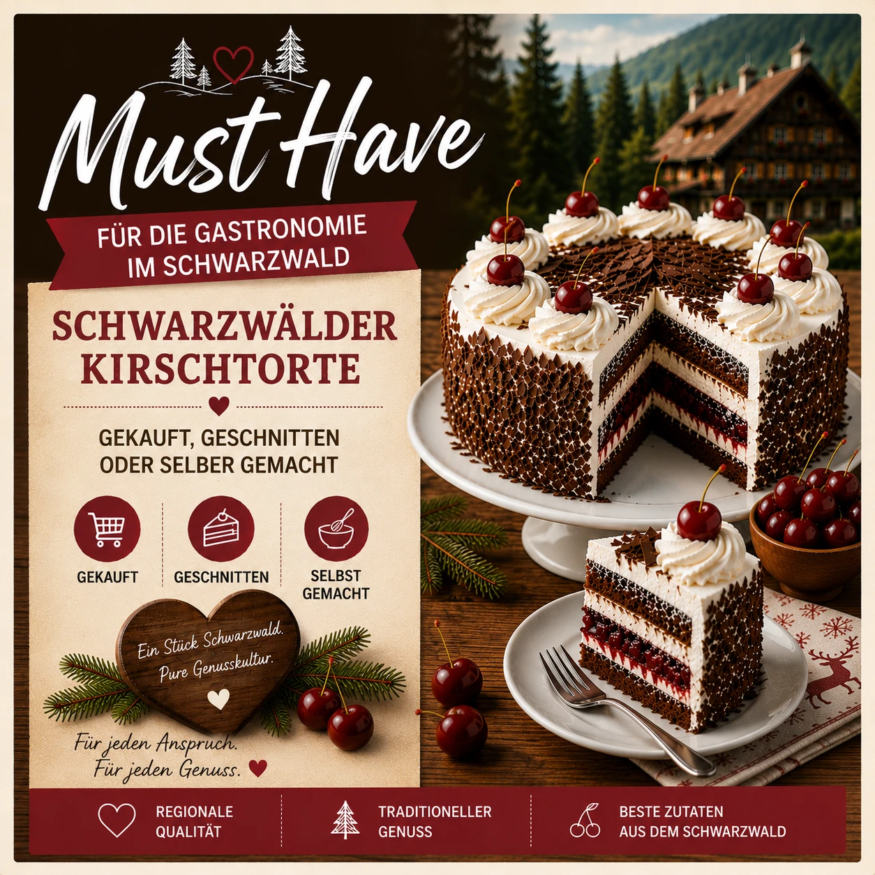 Schwarzwälder Kirschtorte & Zutaten zum selbst backen im Steidinger Webshop Schwarzwälder Kirschtorte auf einem Teller