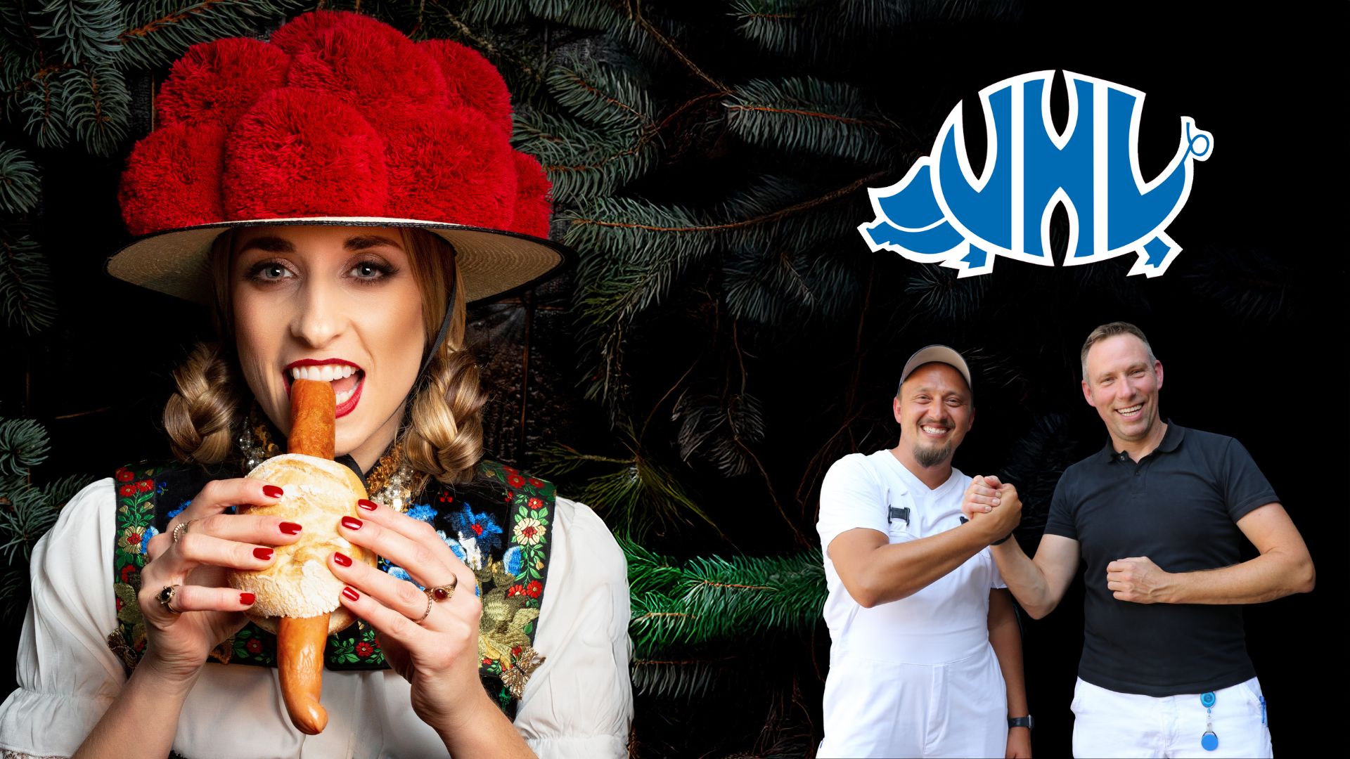 Uhl - regionaler partner von Steidinger Eine Frau hält einer Wurst, 2 Männer, Uhl Logo