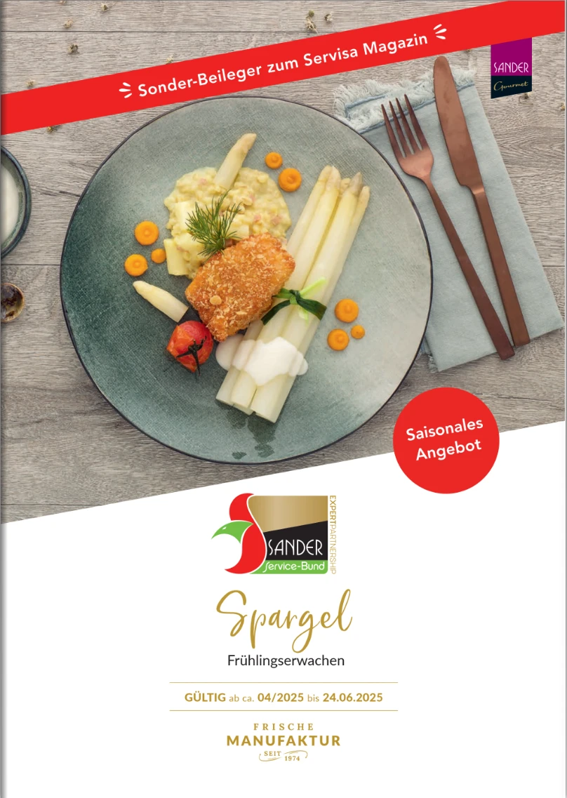 Spargel Angebot Ein Teller mit Essen, Gabel und Messer.